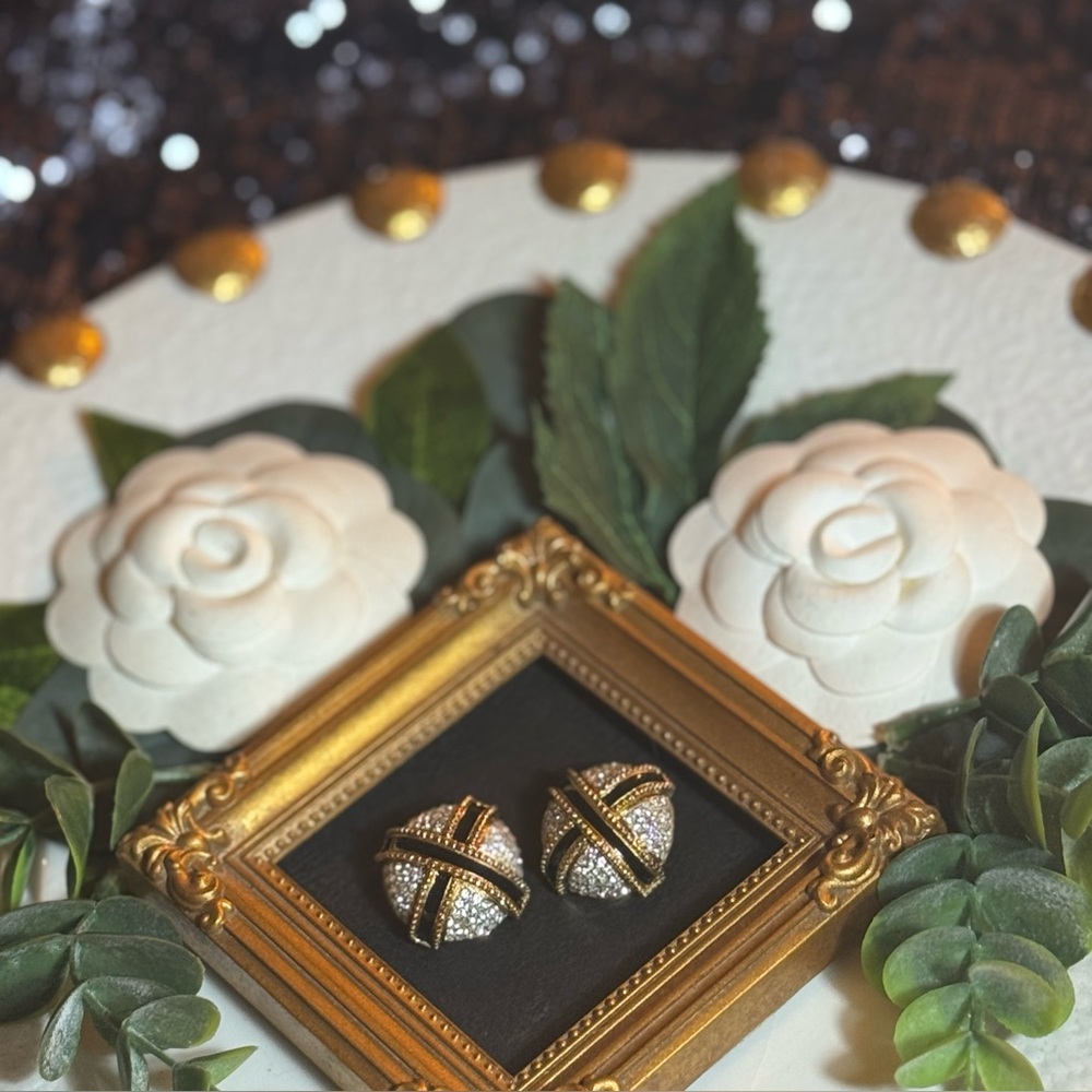 Elegant Gold-tone Clip on Earrings With Black Enamel X And Crystals - Picture 2 of 16